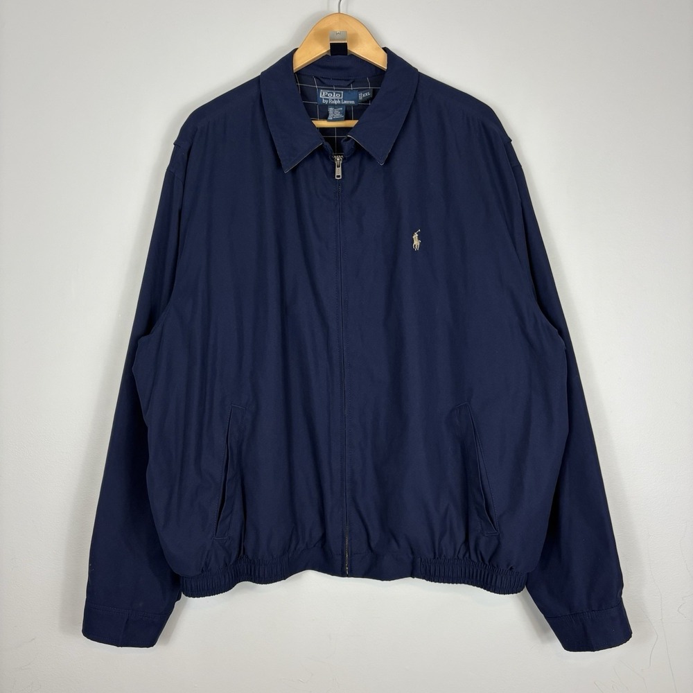 Vintage Polo Ralph Lauren Harrington Bomber Jacket Navy Blue XXL 2XL Plaid Lined